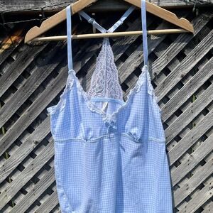 Y2K Womens Blue White Gingham Cami Lace‎ Trim Coquette Cottagecore Bow Small